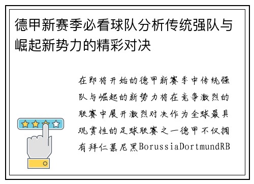 德甲新赛季必看球队分析传统强队与崛起新势力的精彩对决