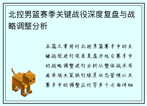 北控男篮赛季关键战役深度复盘与战略调整分析
